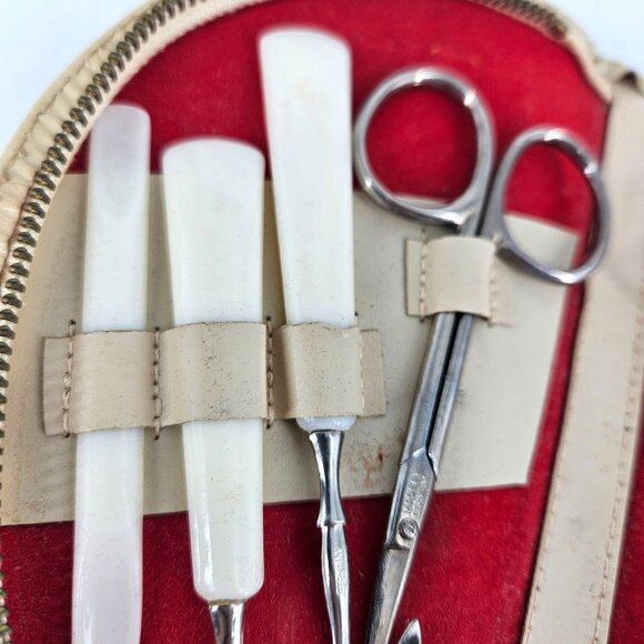 Vintage Manicure Tool Set Stainless Steel 10 pc Beige Leather Case West Germany - Picture 2 of 14
